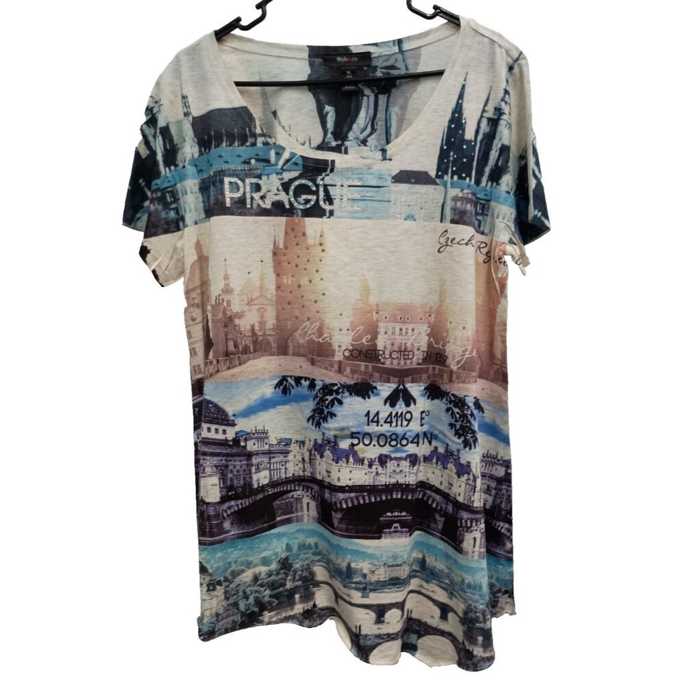 Style & Co Womens Wearable Art‎ Tunic Top XL Cityscape Embellished Pointed Hem